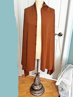 CAPE STYLE SWEATER, MEDIUM BROWN, ONE SIZE PLUS, JERSEY KNIT, BUTTON FRONT, JOAN